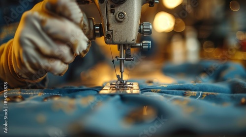 Close-up image featuring a sewing machine needle working on blue denim fabric, indicating craftsmanship and industry