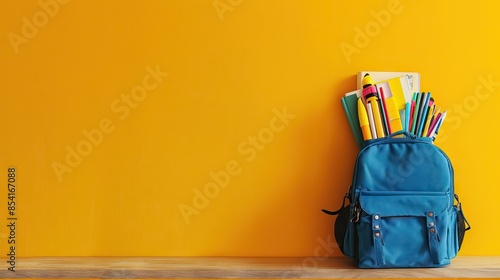 Backpack with school stationery on wooden table against yellow background, space for text. AI generated illustration