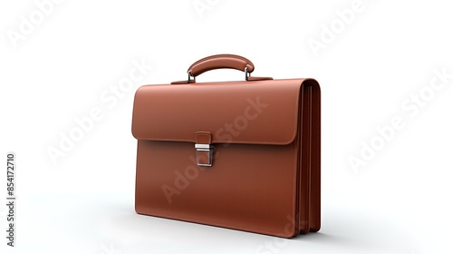 3D rendering of a brown leather briefcase with silver metal hardware. The briefcase is closed and sitting at a slight angle on a white surface.