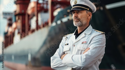 commanding port captain overseeing ship loading operations authoritative presence in white uniform photo illustration