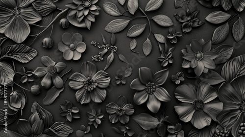 Design of a black botany element garden with antique beauty in the art of flower and leaf icons