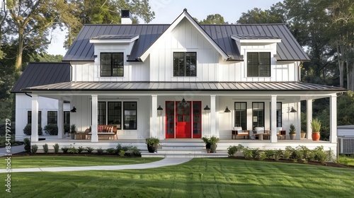 elegant white modern farmhouse exterior with vibrant red front door and black accents covered porch