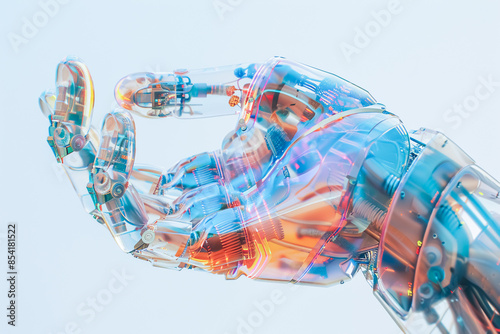 A vibrant, transparent robotic hand showcasing complex internal mechanisms and movement, symbolizing cutting-edge technology and innovation.