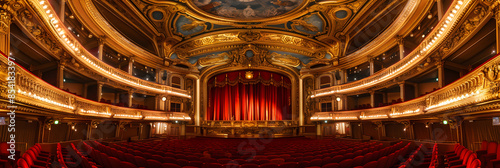 Majestic Opera House Interior with Golden Chandelier and Plush Red Seats Ready for Performance