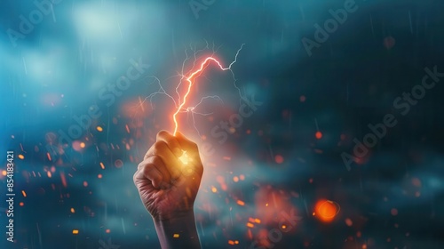 hand holding lightning bolt on stormy background power and energy concept