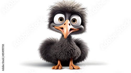 A cute and fluffy baby emu chick with big eyes and a curious expression on its face. It is standing on a white background and looking at the camera.