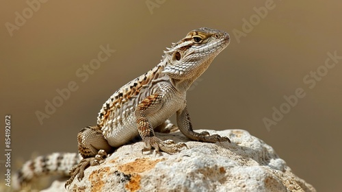 Photograph of a lizard basking in the sun on a rock, its scales shimmering in the light.