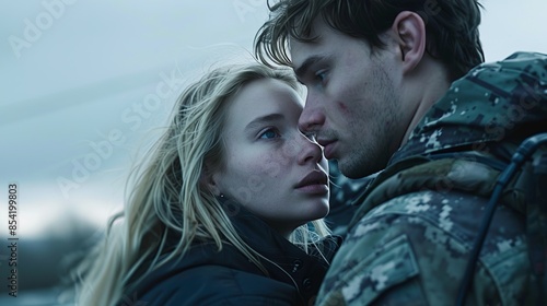 Emotional moment between a young man in military gear and a young woman against a bleak backdrop. The photograph captures a romantic and intense connection. AI