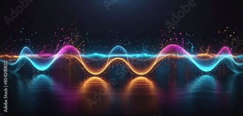 Modern and abstract luminous wave pattern of dynamic lines and curves shows a simulated signal transmission through waveforms in science and technology