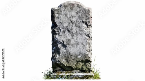 Old weathered gravestone isolated on white background. Ancient tombstone with age marks and green grass at the base. Conceptual image for history, remembrance, and heritage themes. AI