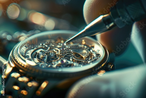 A watchmaker meticulously works on the intricate inner workings of a mechanical wristwatch. The image captures the detail and precision required for this delicate craft