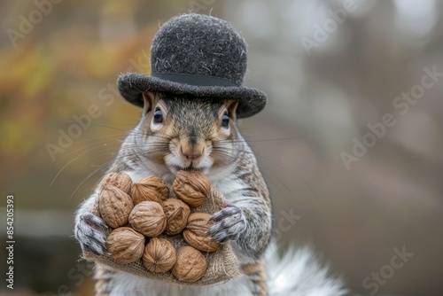 A grey squirrel, wearing a tiny bowler hat, holds a large bag of nuts and nibbles on one in the autumn forest