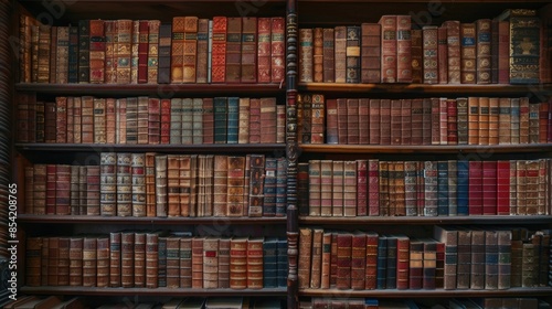 The library has many old books and an old bookshelf. It is a vintage background. The AI has generated this.