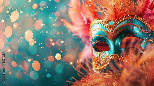 An artificial intelligence-generated carnival mask with feathers and sparkles