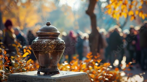 The ceremony of farewell with an urn full of ashes at the cemetery. The use of biometrics for the genotyping of DNA.