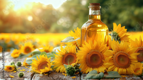Bottle of sunflower oil standing on table surrounded by sunflowers, field sunflowers in background
