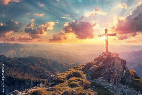 The crucifix on the cross on Calvary sunset background concept for Good Friday he is risen, good friday jesus death on the cross, world christian and holy spirit religious concept for the holy
