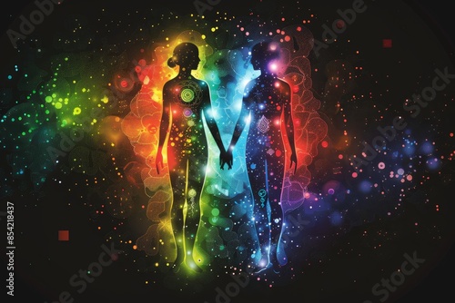 Human energy body silhouette with aura and chakras depicting creation, healing, soul body connection