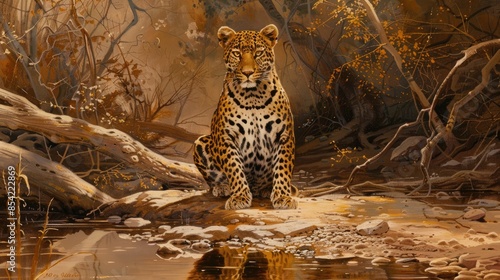 Leopard sitting in a river bed crouching and gazing straight ahead
