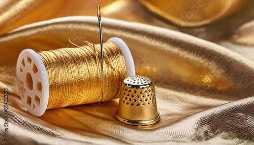 golden thread spool with thimble on shiny chiffon material