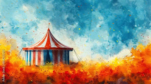 watercolor colorful circus tent on a field