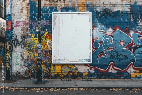 Mock-up and billboard with blank screen for advertising on wall with graffiti in the street