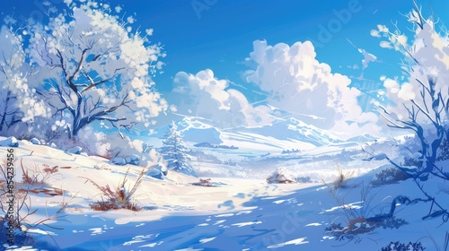 Cold winter scene with snowy landscape and clear blue sky