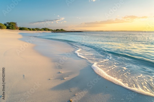 Gentle waves lapping on the beach at sunset in the tropics