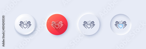 Hold heart line icon. Neumorphic, Red gradient, 3d pin buttons. Friends love sign. Friendship hand symbol. Line icons. Neumorphic buttons with outline signs. Vector