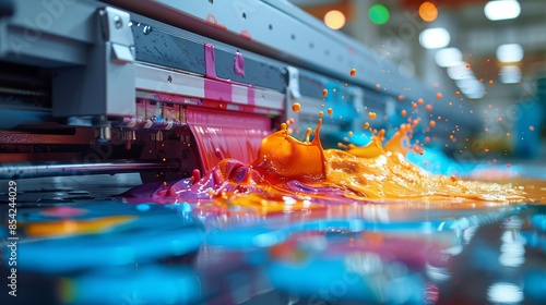 A close-up of colorful ink splattering out of a commercial-grade printer during the printing process