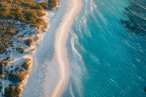 Turquoise ocean waves gently lapping on white sand beach aerial view
