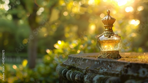 precious porcelain and golden perfume flacon , french castle garden , bokeh and sunlight background