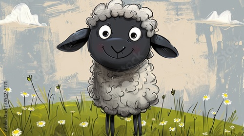 A cute fluffy black-faced sheep stands in a field of daisies with a whimsical expression on its face