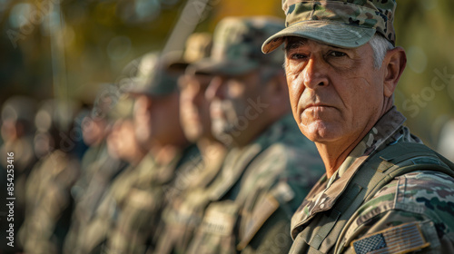Portrait of a senior military veteran in uniform with camouflage, standing in formation, representing dedication and service.