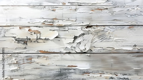 A wooden surface with white paint peeling off of it. The surface is made up of three wooden boards, and the paint is chipping off in various places. Scene is somewhat melancholic