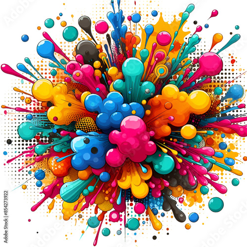 Colorful ink splashes pop background on white isolated background