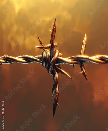 Detailed close-up of twisted barbed wire with sharp spikes, set against a warm golden background, symbolizing protection and danger. 