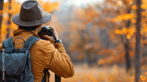Capturing the quintessence of autumn, a person dons a fedora and shoots with a camera, back turned