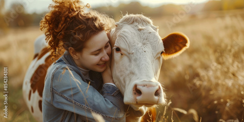 young female milkmaid hugs cow. Happy life on farm with animals.