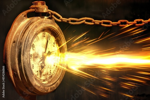 Vintage pocket watch emitting bright fiery light streaks, symbolizing the passage of time and urgency in a dynamic setting. 