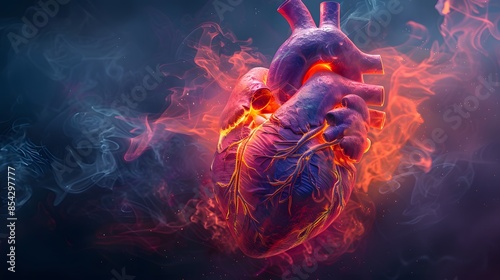 Digital Painting, A holographic heart with erratic beats caused by cigarette addiction., professional studio photography