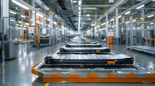 Electric car battery production line in a modern factory setting with conveyor belt and row of batteries