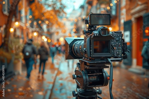 High-quality professional video camera set on a tripod filming a bokeh-filled city street with pedestrians