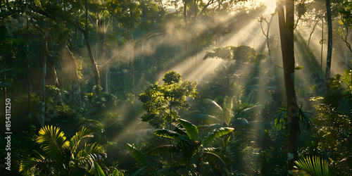 Floresta exuberante com raios de sol filtrando pelo dossel