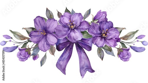 Hand drawn watercolor purple flowers in a floral arrangement with a bow isolated on a white background