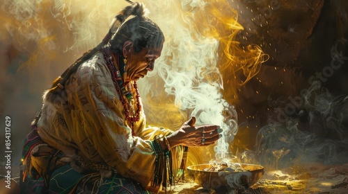 native american shaman performing sacred ritual with incense and traditional regalia digital painting