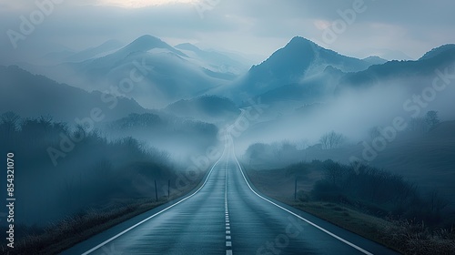 A ribbon of asphalt cuts through the swirling mist, disappearing into the shadowy embrace of distant mountains The road, empty and inviting, whispers promises of adventure, urging you to uncover the s