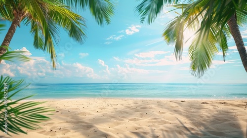 Summers Paradise A blurred background of a beautiful sandy beach with palm trees and a blue sky, a perfect summer vacation concept banner