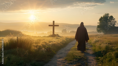 silueta de un fraile franciscano caminando por el camino hacia la cruz en un hermoso paisaje con el atardecer al fondo entre las montañas monje meditando y orando religion catolica