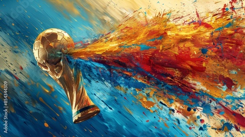 A soccer ball is surrounded by a colorful explosion of paint